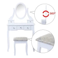 Toeletta Tavolo da Trucco con Specchiera e Sgabello Imbottito, Legno, Bianco
