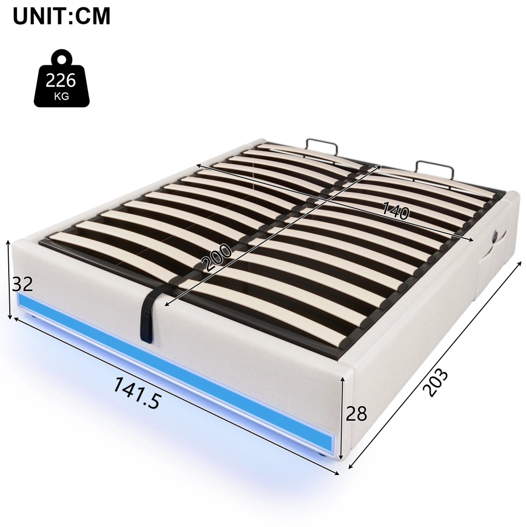 Letto contenitore 140x200 cm con LED multicolore e vano idraulico in lino beige
