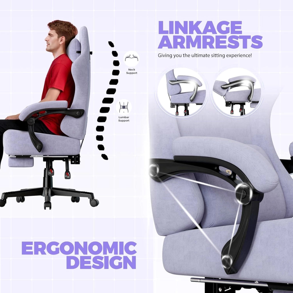 Sedia da gioco, traspirante, sedia da ufficio, ergonomica, in tessuto di alta qualità, ergonomica, schienale regolabile a 160° e poggiapiedi estraibile, carico 180 kg,colore: viola macaron
