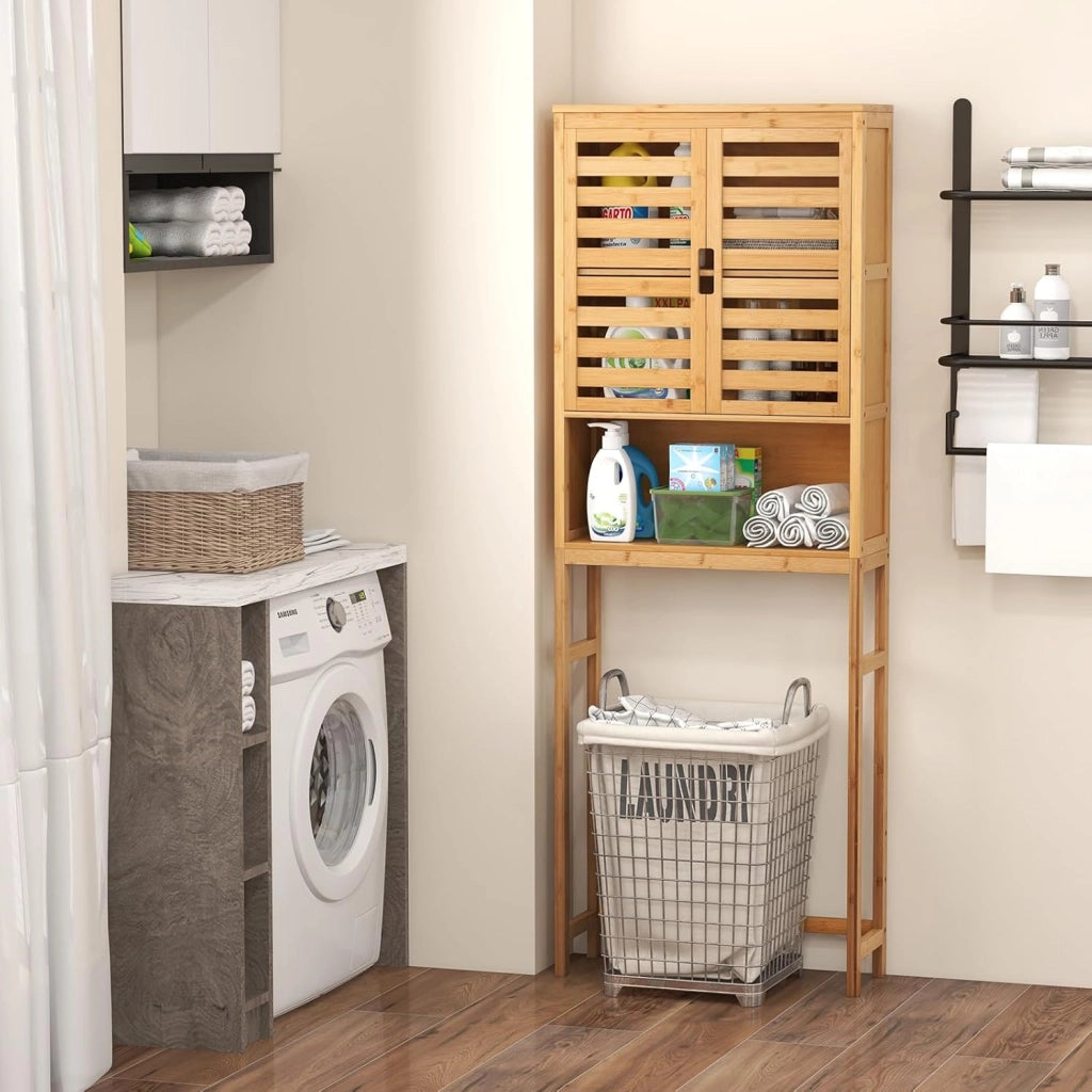 Mensola WC autoportante 3 piani in bambù, 62 x 23 x 170 cm, armadietto WC con 2 ante e vano portaoggetti aperto, per WC e bagno
