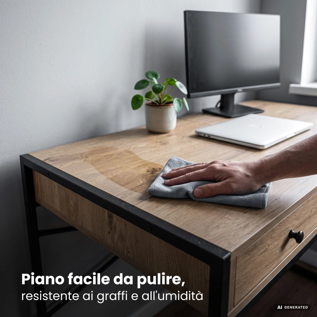 Scrivania industriale per computer Rovere Artisan ELONIS 123 cm 2 cassetti 1 ripiano gambe nere