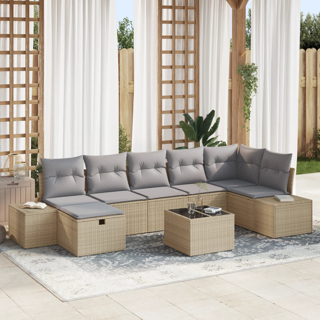 Set di Divani da Giardino 8 Pezzi con Cuscini Beige in Polyrattan