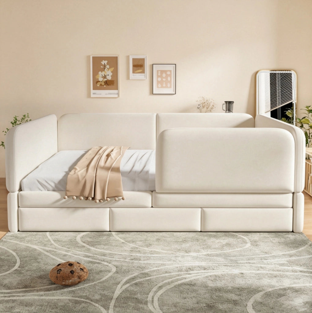 Letto imbottito per bambini 140 x 200 cm con 3 cassetti; velluto beige