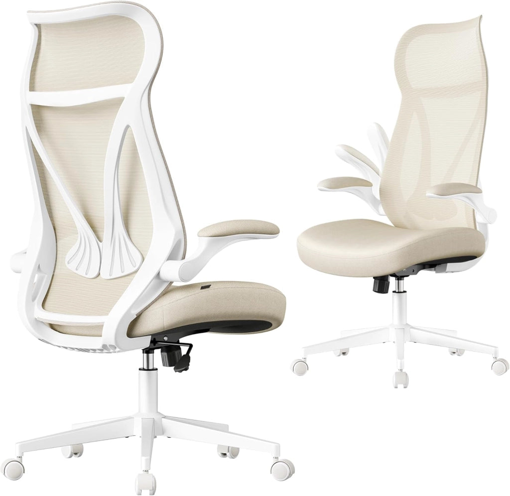 SONGMICS Sedia da Ufficio, Sedia da Scrivania, Schienale Ergonomico, Altezza Regolabile, Braccioli Ribaltabili, Poltrona Girevole con Poggiatesta, Portata 150 kg, Beige Cappuccino OBN088K01