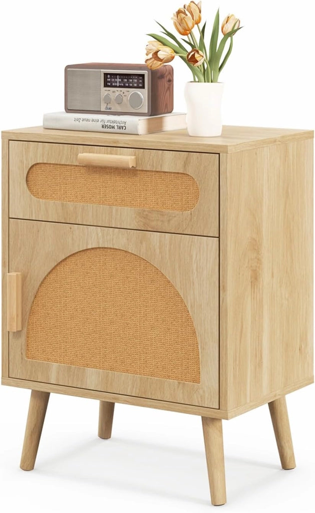 Comodino con Cassetto e Anta in Rattan, Comodino con Gambe in Legno Massello, Tavolo Supplemento per Camera da Letto Soggiorno, 45 x 30 x 61 cm, Naturale