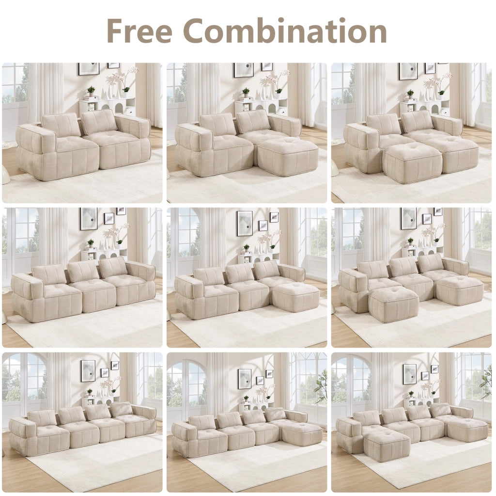 Divano modulare angolare a L 4 posti con pouf; seduta profonda in poliestere beige 344x162x67 cm