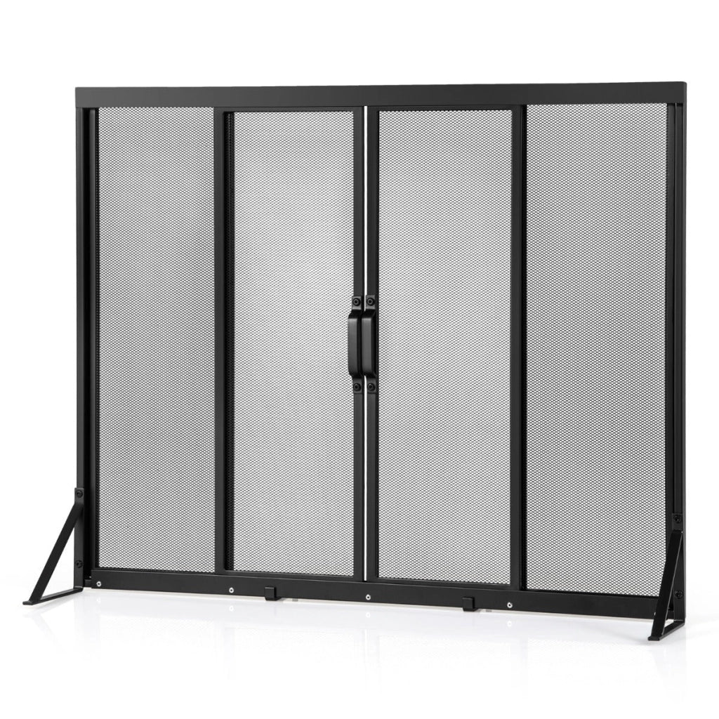 Parascintille per camino con ante scorrevoli 89 x 72 cm protezione antiscintille design moderno in metallo nero 20_0013307