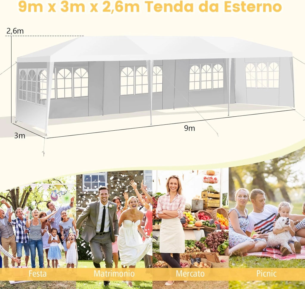 Gazebo da Giardino 3 x 9 m, Tendone per Feste con 5 Pannelli Laterali Rimovibili, Impermeabile Protezione UV, per Matrimonio Eventi e Barbecue