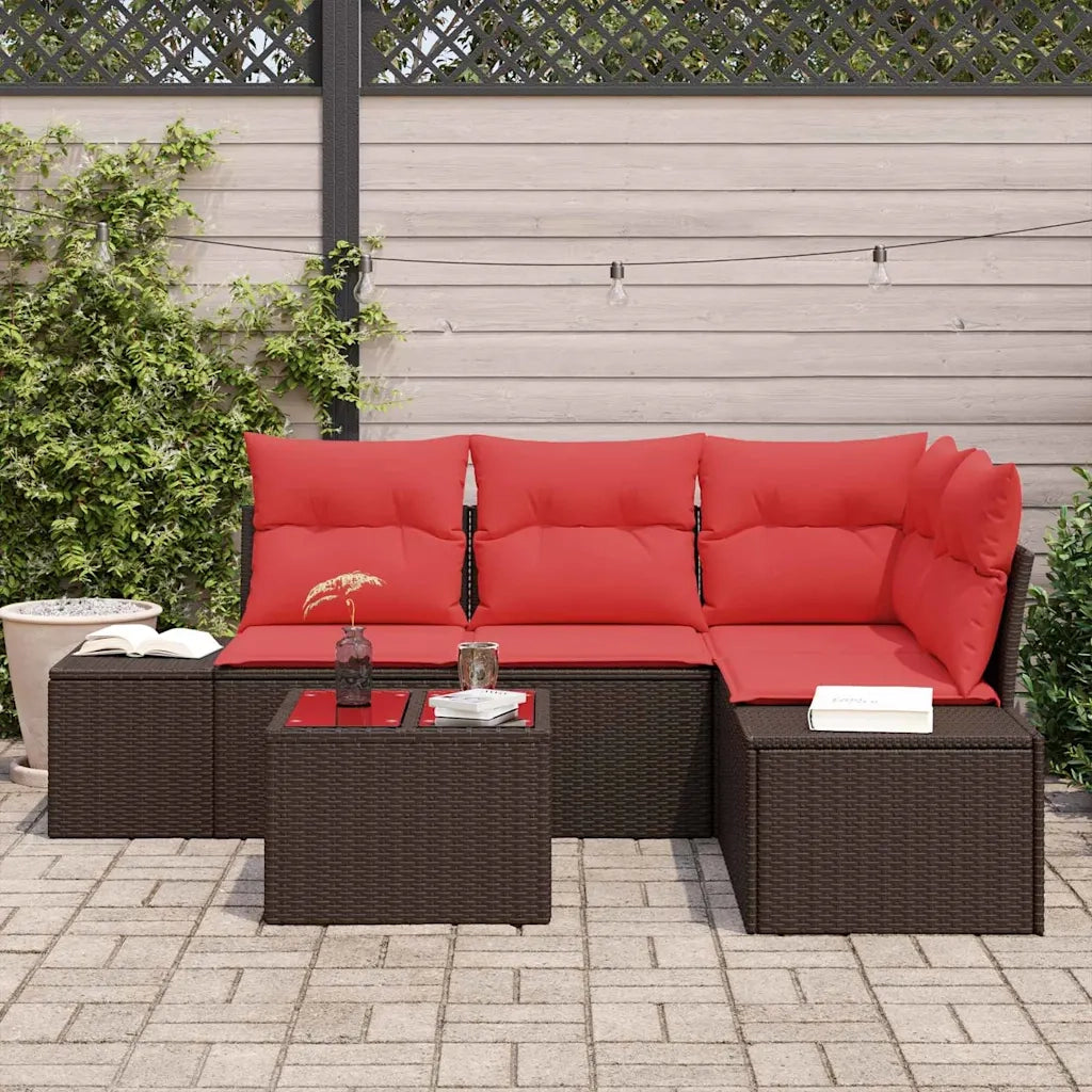 Set Divano da Giardino con cuscino 5 pcs Marrone polyrattan