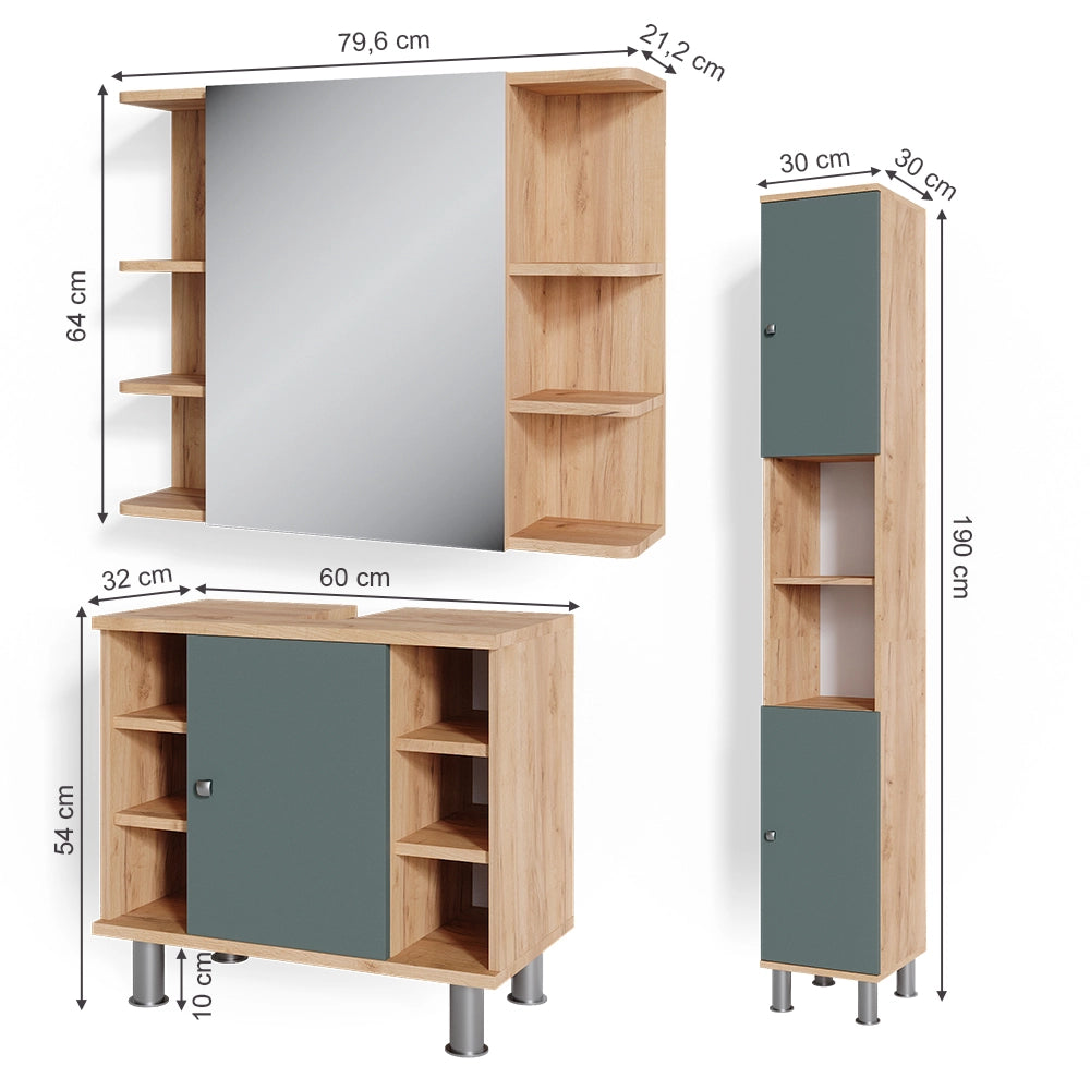 Vicco Set mobili bagno Verde 3 parti, con colonna