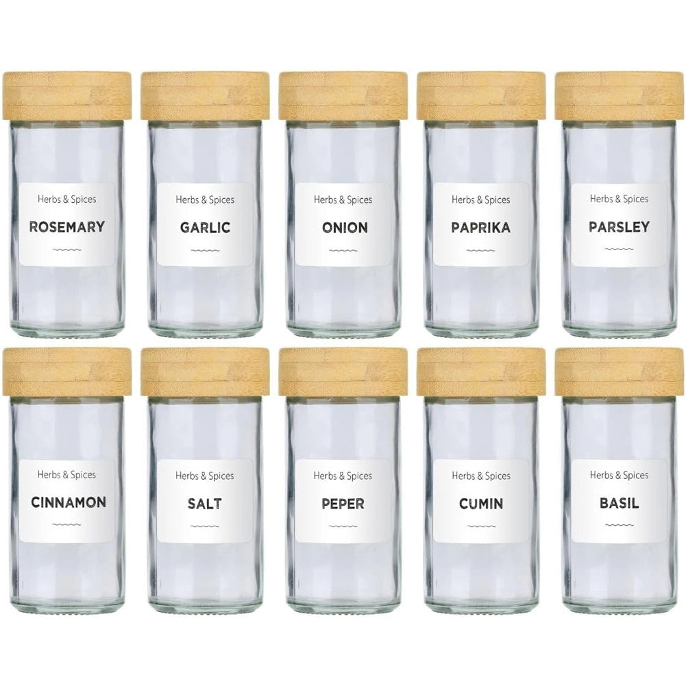 Set 12 Barattoli Portaspezie con Dosatore e Etichette Organizer da Cucina in Vetro e Bambù