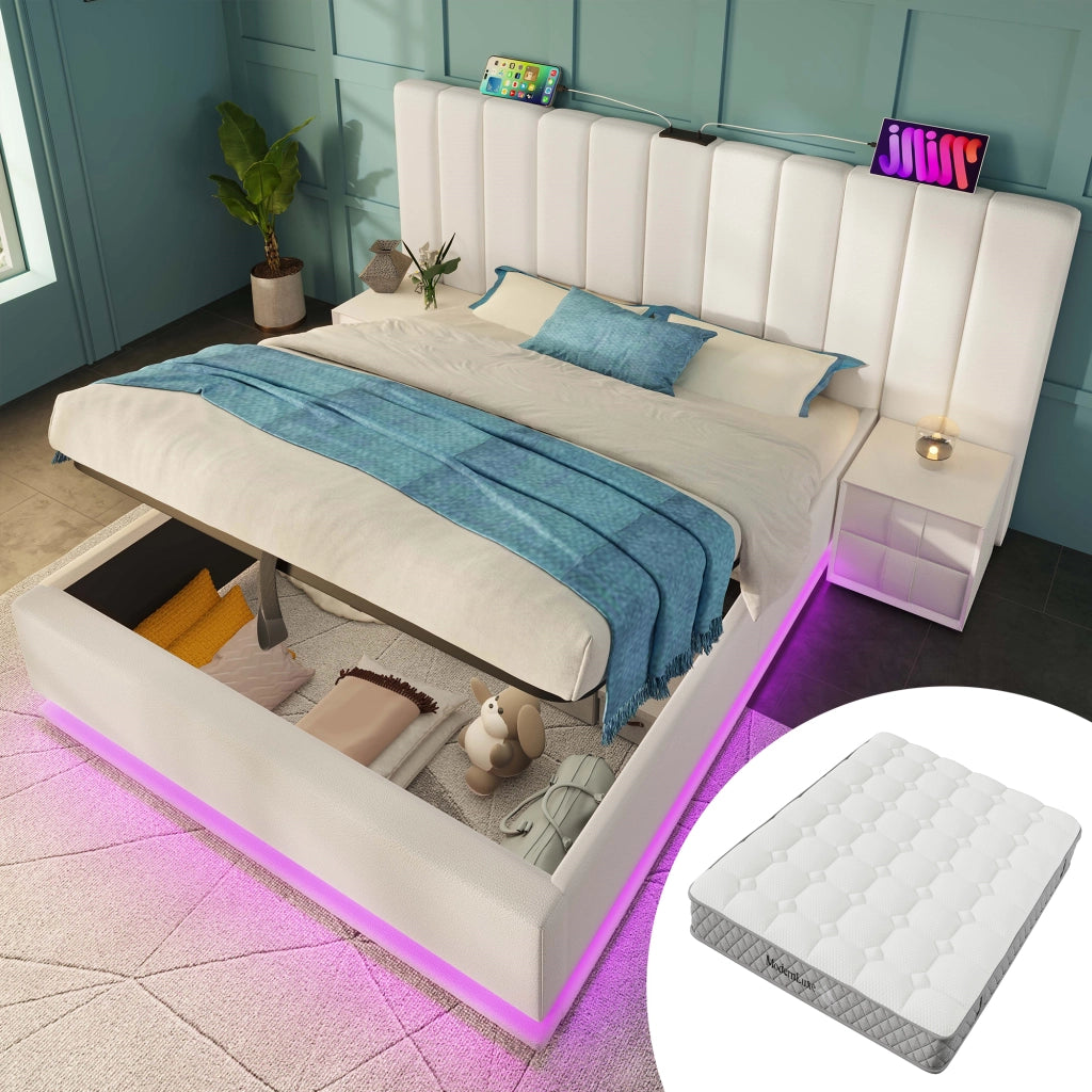 Letto imbottito 180x200 - Zephmum - Con LED a controllo app, USB-C, contenitore e rete a doghe