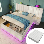Letto imbottito 180x200 - Zephmum - Con LED a controllo app, USB-C, contenitore e rete a doghe