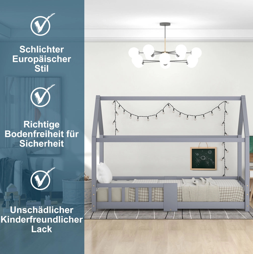 Letto a casetta per bambini 90x200 cm in legno di pino grigio; con lavagna e sponda anticaduta