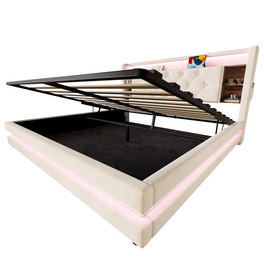 Letto Contenitore 160x200 cm; Letto Matrimoniale con LED; USB e Type-C; in Velluto Beige