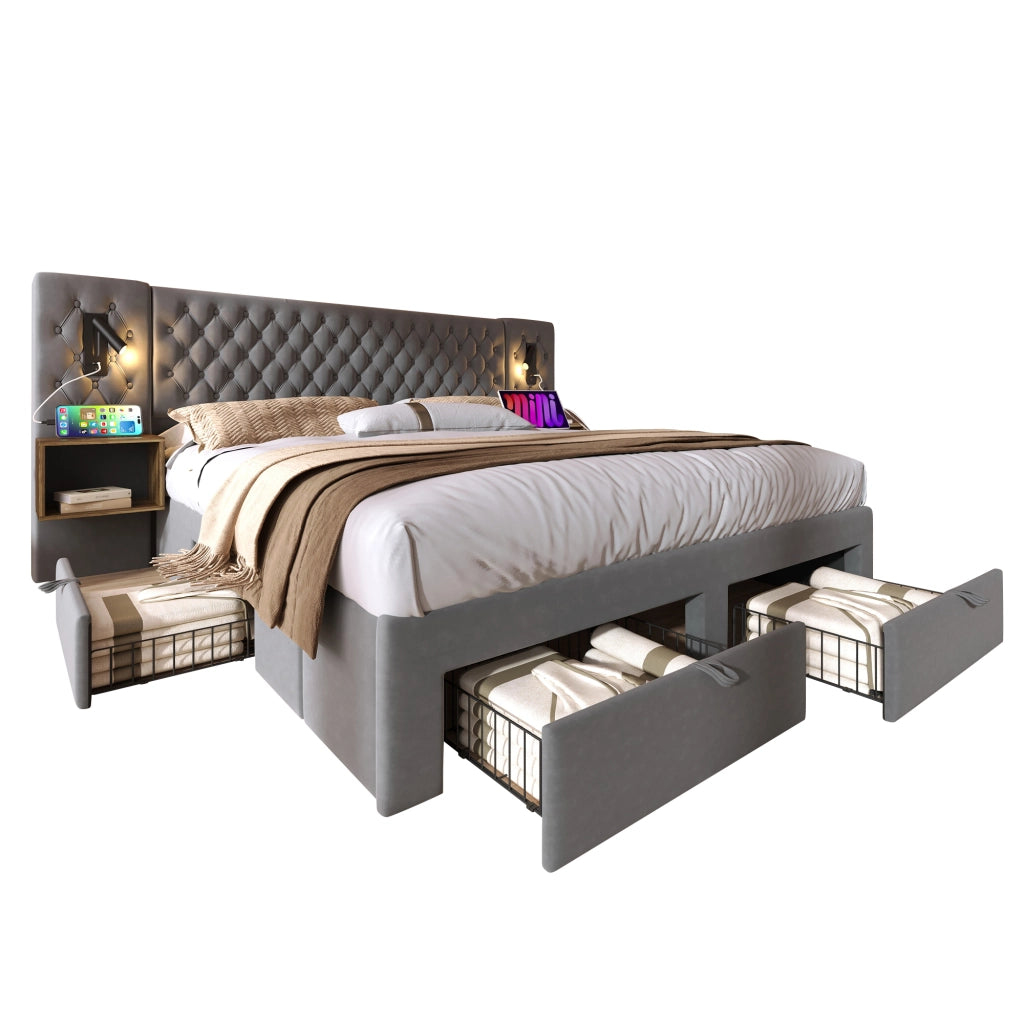 Set camera completo – 180x200 cm – 2 comodini 4 cassetti luce USB – velluto grigio