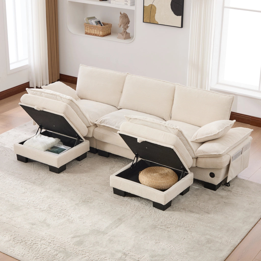 Divano modulare a 3 posti in velluto a coste con pouf porta USB-C tasche laterali e cuscini in schiuma beige