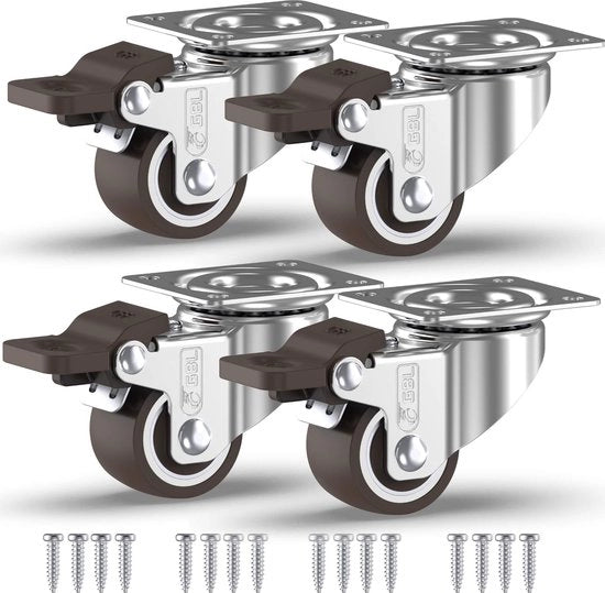 Set di ruote per mobili robuste con freni - Set di 4 ruote piantone con vite - Ruote per carrello in gomma - Rotanti a 360 gradi