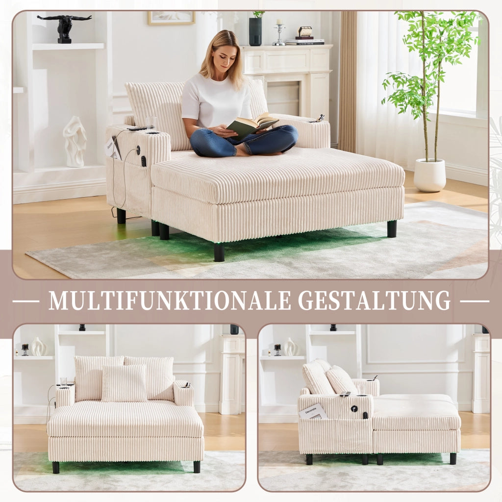 POLTRONA Relax Oversize 142x128x85 cm Corduroy Beige con LED, USB e portabicchiere