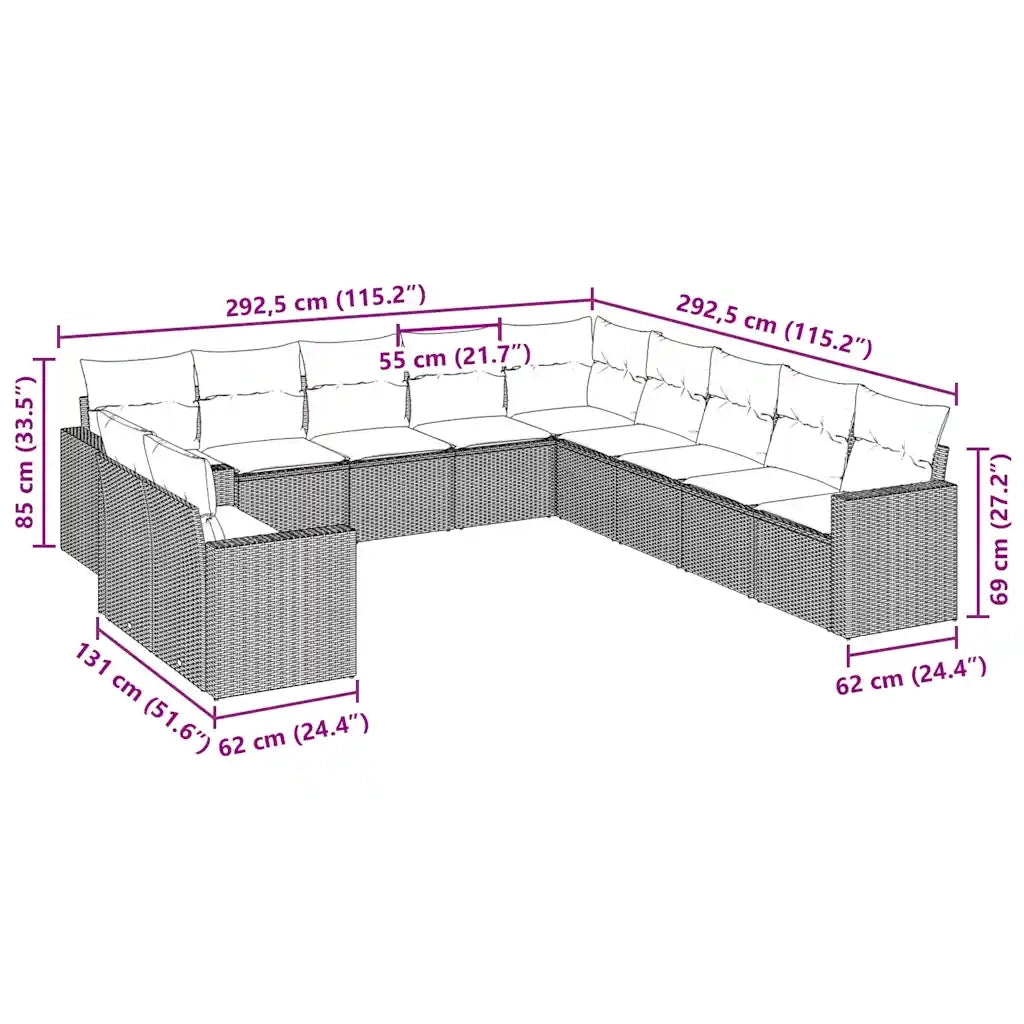 Set Divani da Giardino 11 pz con Cuscini in Polyrattan Nero