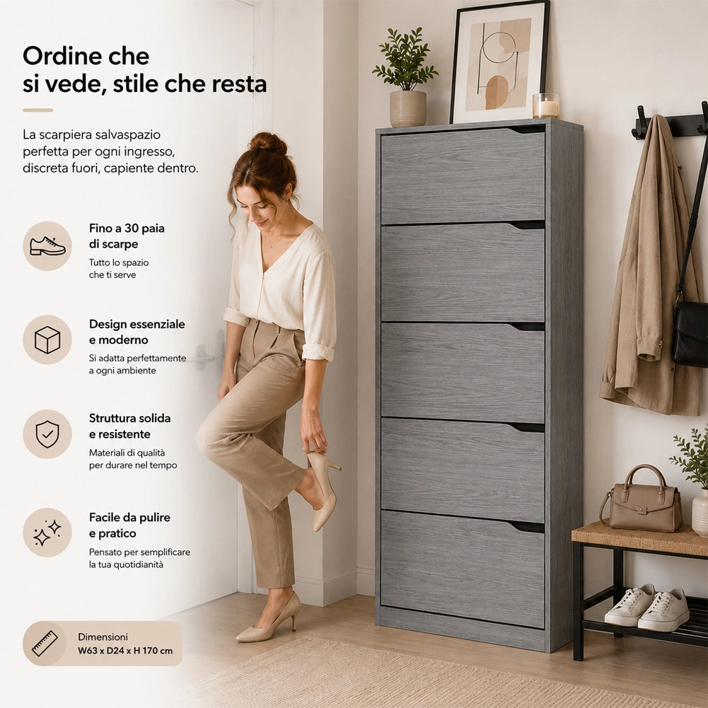 Scarpiera Salvaspazio 63x24x170 cm 5 Ripiani con Maniglia Scomparsa in Melamina Grigio