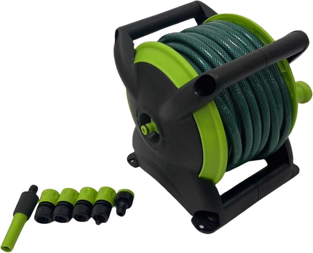 Carrello Avvolgitubo Manuale con Tubo in PVC da 20 mt Balcony Maxi con Lancia Connettori e Adattatori Verde