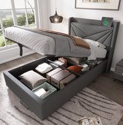 Letto singolo imbottito con contenitore 90x200 cm; USB e Type-C; grigio