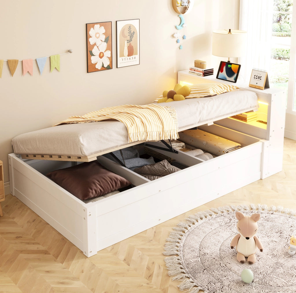 Letto multifunzione 90x200 cm con presa; contenitore idraulico e LED in MDF bianco