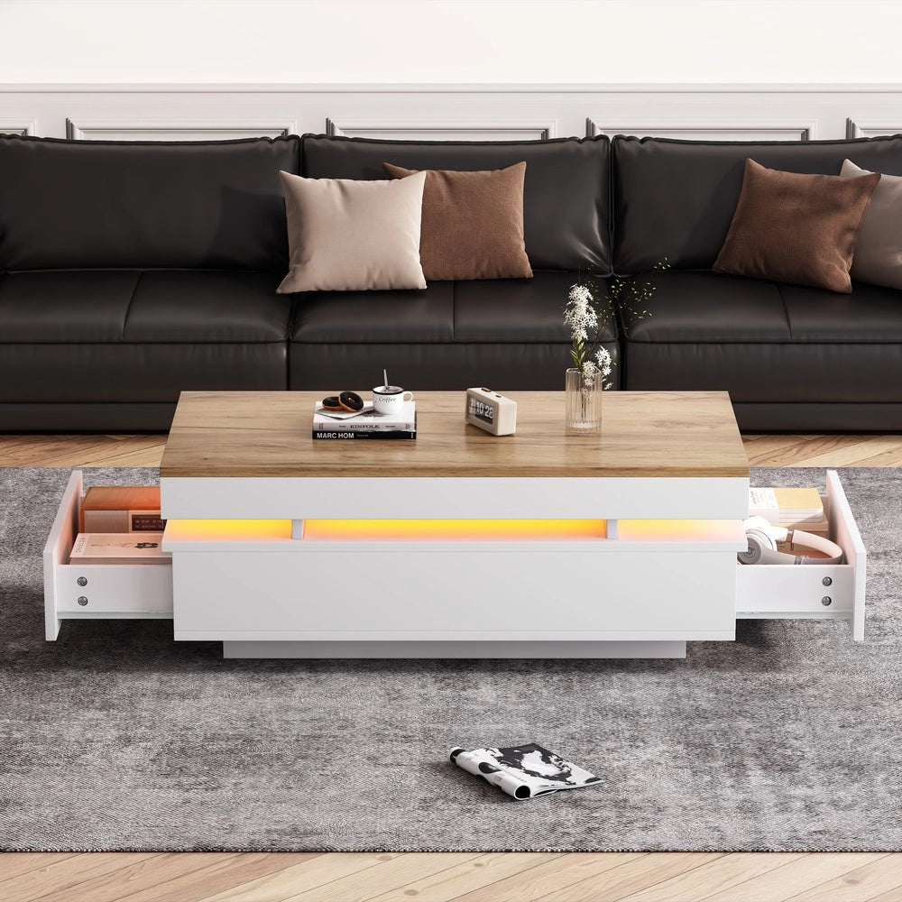 Tavolino da Caff¨¨ con 2 Cassetti e LED ¨C MINIMAL ¨C Bianco/Legno, 100x50x35