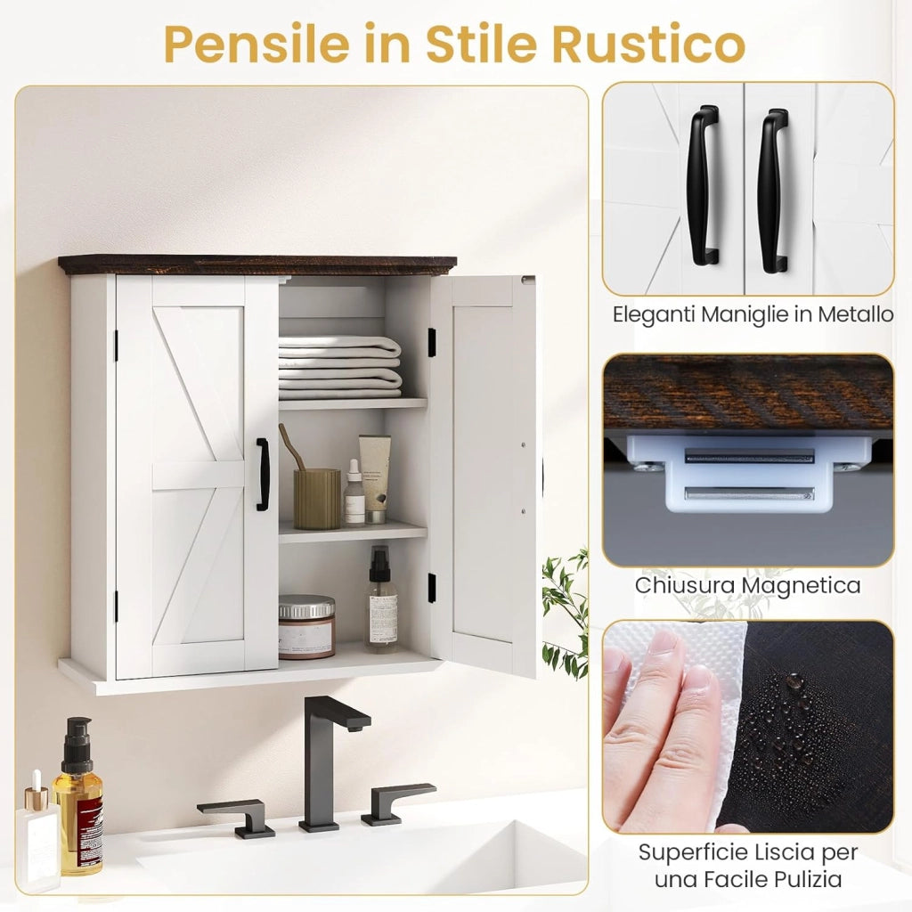 Mobile da Parete per Bagno, Mobiletto Salvaspazio Farmhouse per Farmacia con 2 Ante e Ripiani Regolabili, Specchio Contenitore per Soppalco Sopra il WC per Cucina, Lavanderia e Ingresso