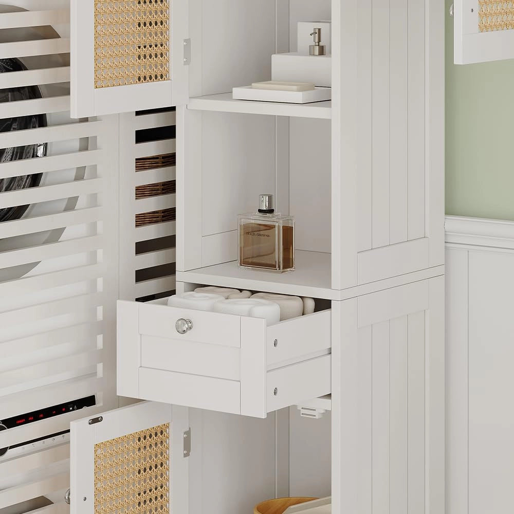 Armadio per il bagno Rosario, Bianco, 32 x 170 cm con 2 ante e cassetto, per la conservazione di articoli da bagno e asciugamani