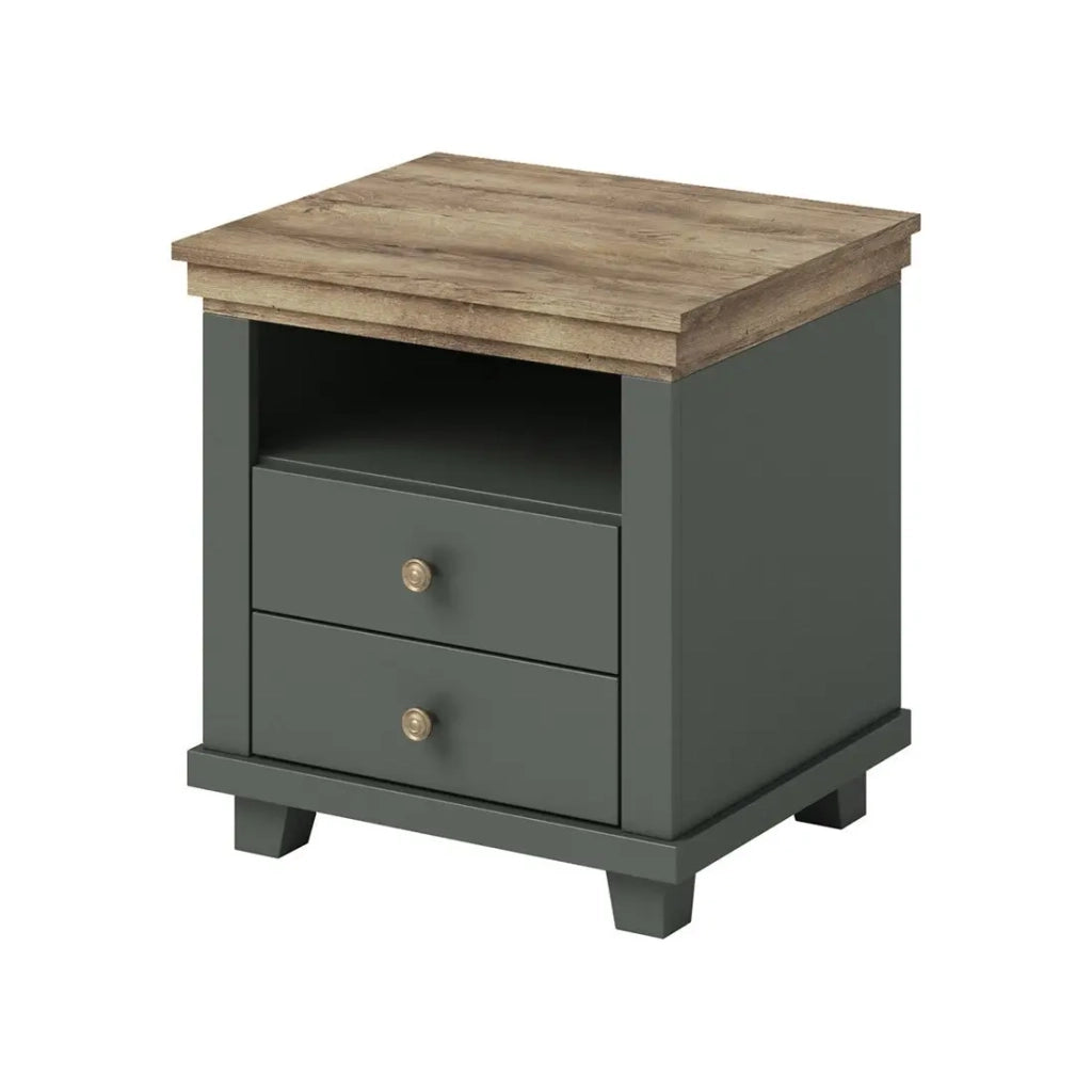 Tavolino da notte ASSIA – 2 cassetti + 1 nicchia – Verde kaki e quercia – Stile contemporaneo