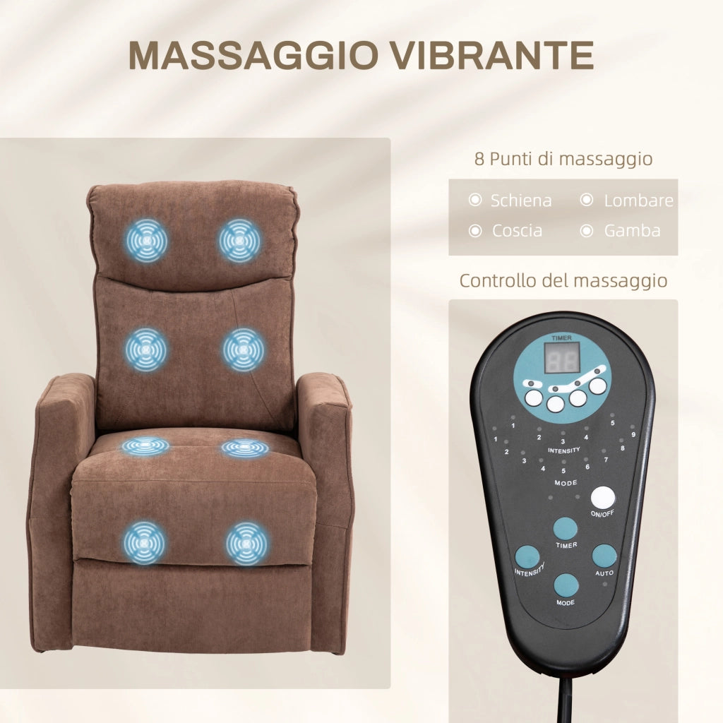 Poltrona Relax Alzapersona con 8 Punti Massaggio, Reclinazione a 135¡ã e 2 Telecomandi, Marrone