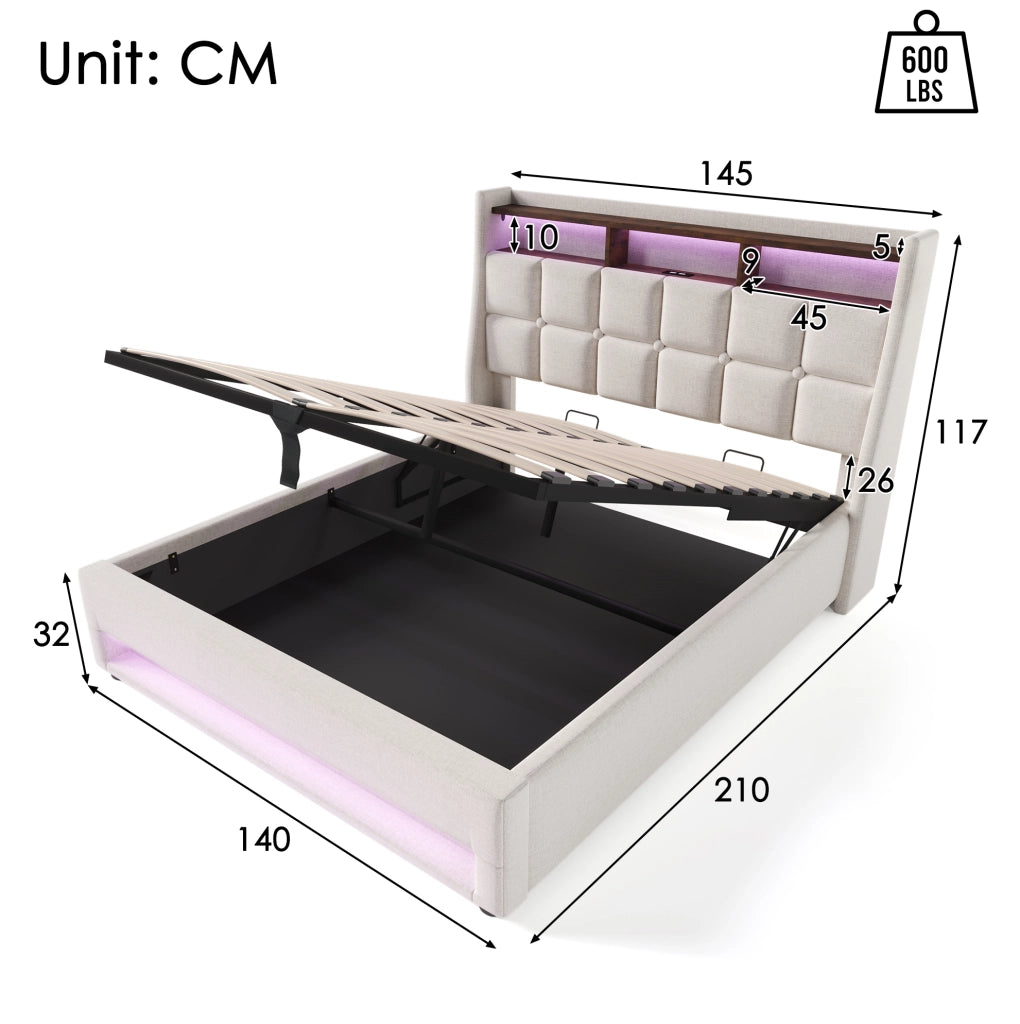 Letto imbottito beige 140x200 cm con materasso, LED, USB e vano contenitore