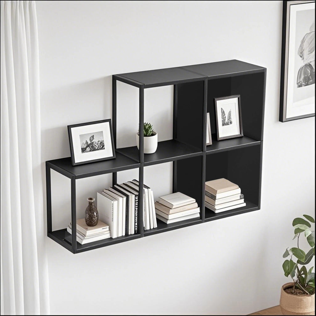 Set Nostened di 5 Mensole da Muro 28 x 28 x 20 cm con Pannello Posteriore e Laterale in Acciaio - Nero [en.casa]