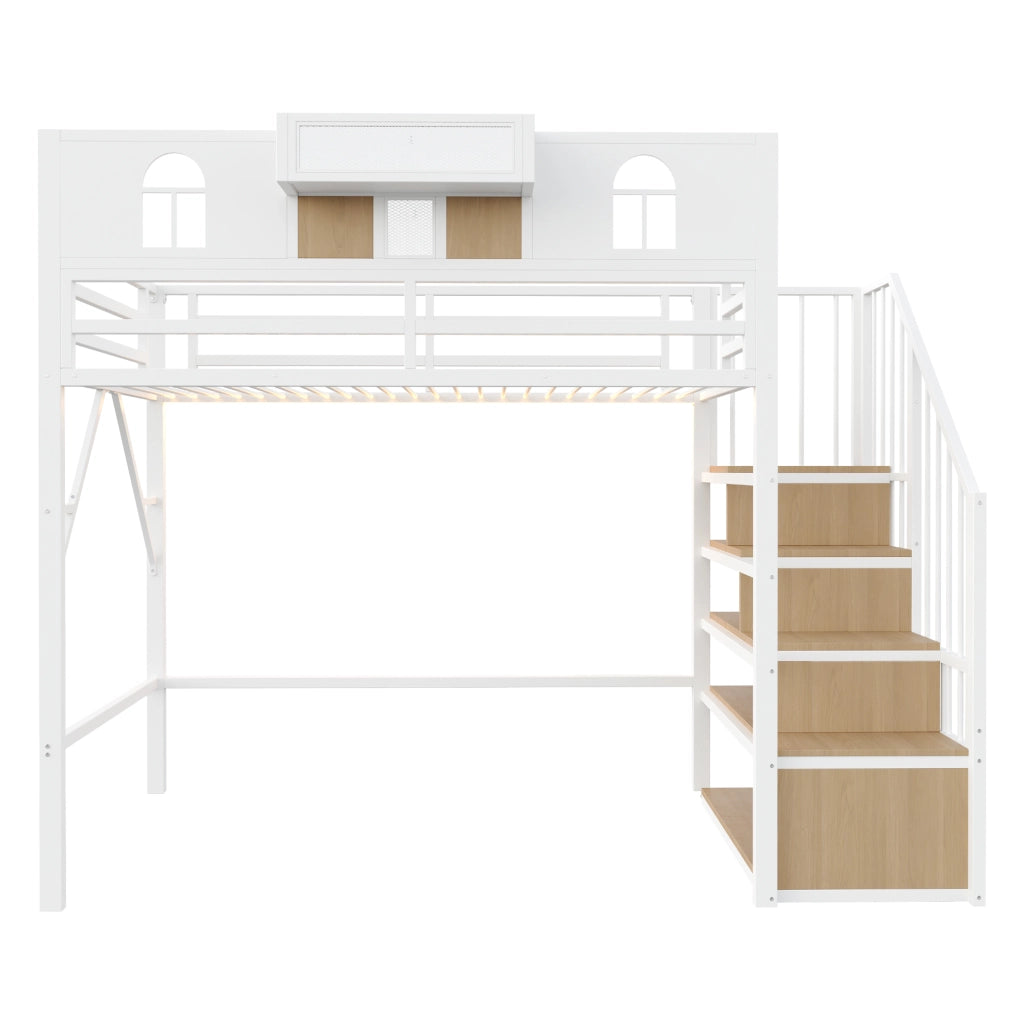 Letto a soppalco 90 × 200 cm con scala contenitore ripiani luce d'atmosfera MDF e metallo bianco
