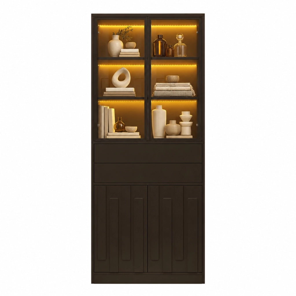 VETRINA LED 70x34x180 cm Nera con 2 Cassetti e Vetro Temperato