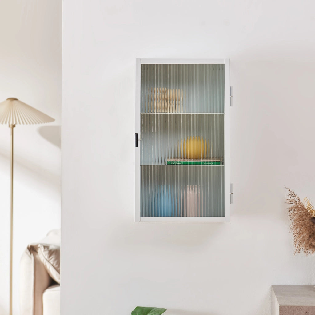Armadietto a Parete Zundert Pensile ad Anta in Vetro Scanalato 60 x 35 x 15 cm - Bianco [en.casa]