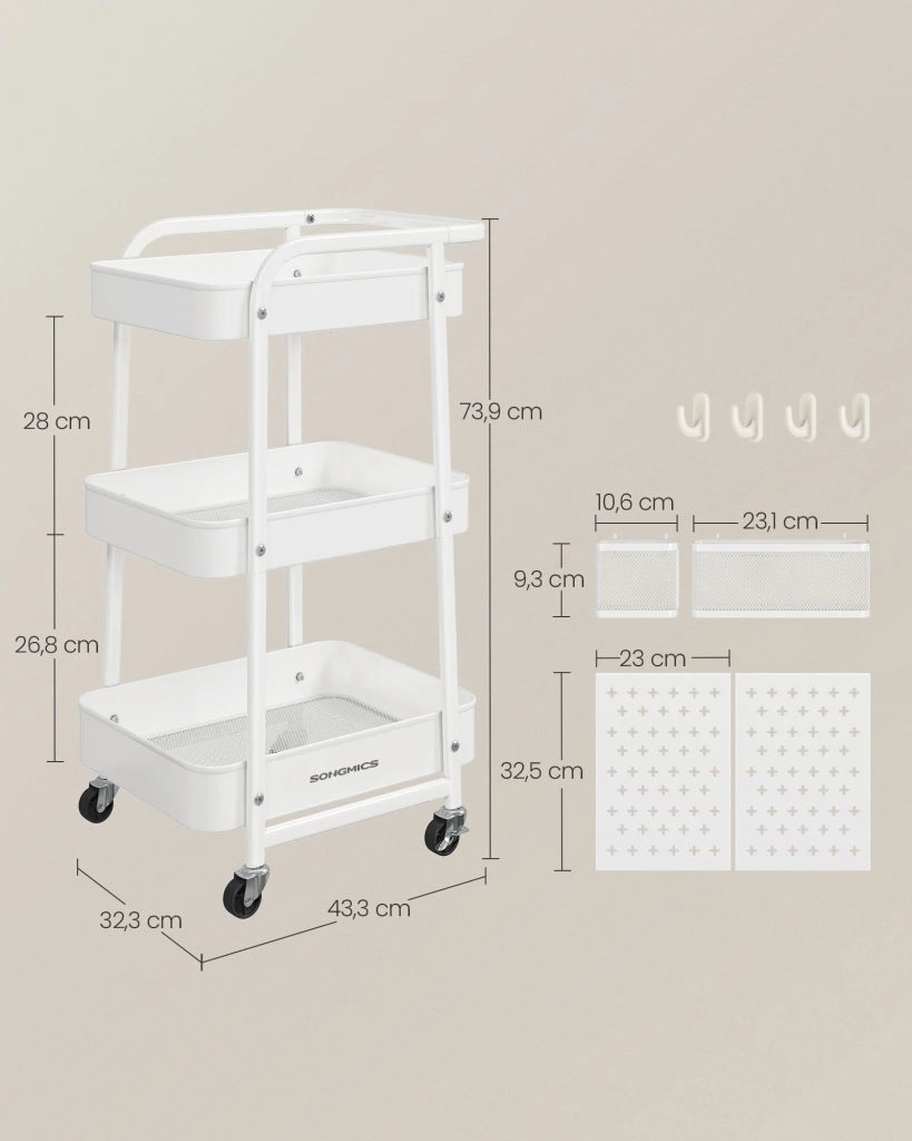 Carrello portaoggetti con 3 ripiani in rete metallica 2 pannelli forati rimovibili 2 staffe di sospensione e 4 ganci per ufficio cucina soggiorno bagno bianco 12_0005012