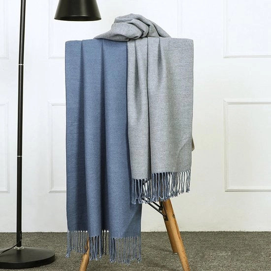 Scialle invernale per donna in lana, 200*70 cm, colore blu chiaro grigio, doppia faccia, stile a pennello, super spesso e grande, nuovo e caldo.