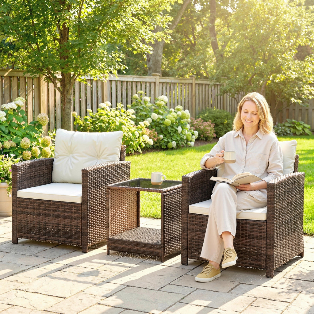 Set da Giardino 3pz in Rattan PE e Acciaio con 2 Poltrone con Cuscini e Tavolino da Caff¨¨, Marrone e Crema