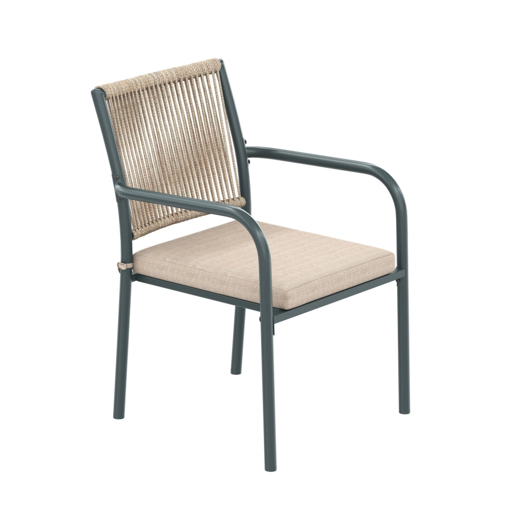 Set da giardino da pranzo 5 pezzi per 4 persone con tavolo in vetro temperato e cuscini; grigio e naturale