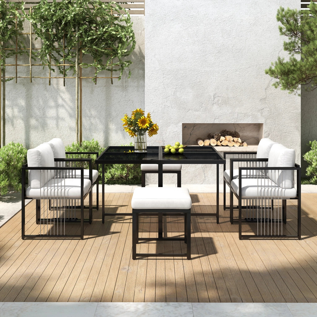 Set tavolo e sedie da giardino 6 posti 117x117 cm in vetro temperato nero