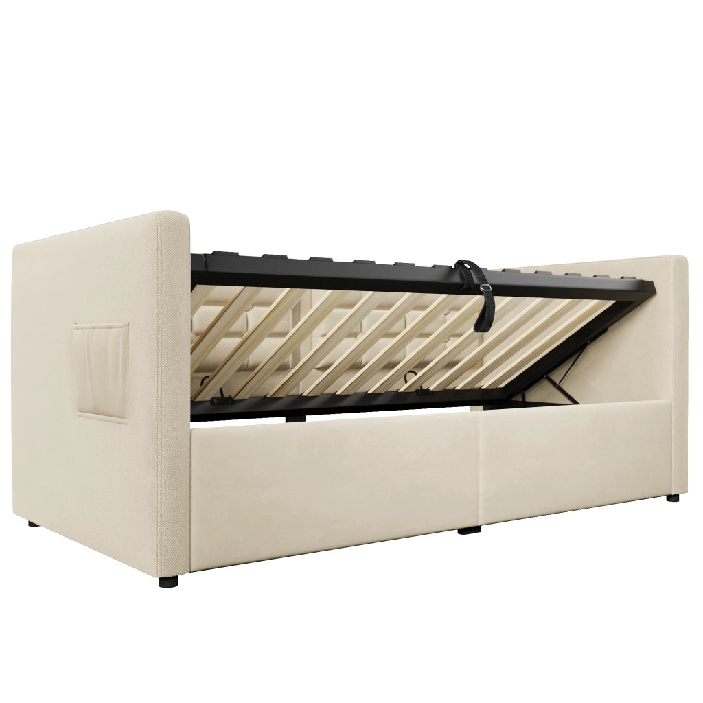 Divano letto imbottito 90x200 cm in velluto beige con contenitore idraulico e porta USB/Type-C