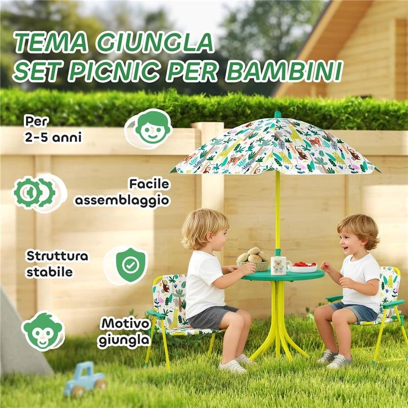 TAVOLO DA PICNIC PER BAMBINI SET TAVOLO E SEDIE CON OMBRELLONE VERDE