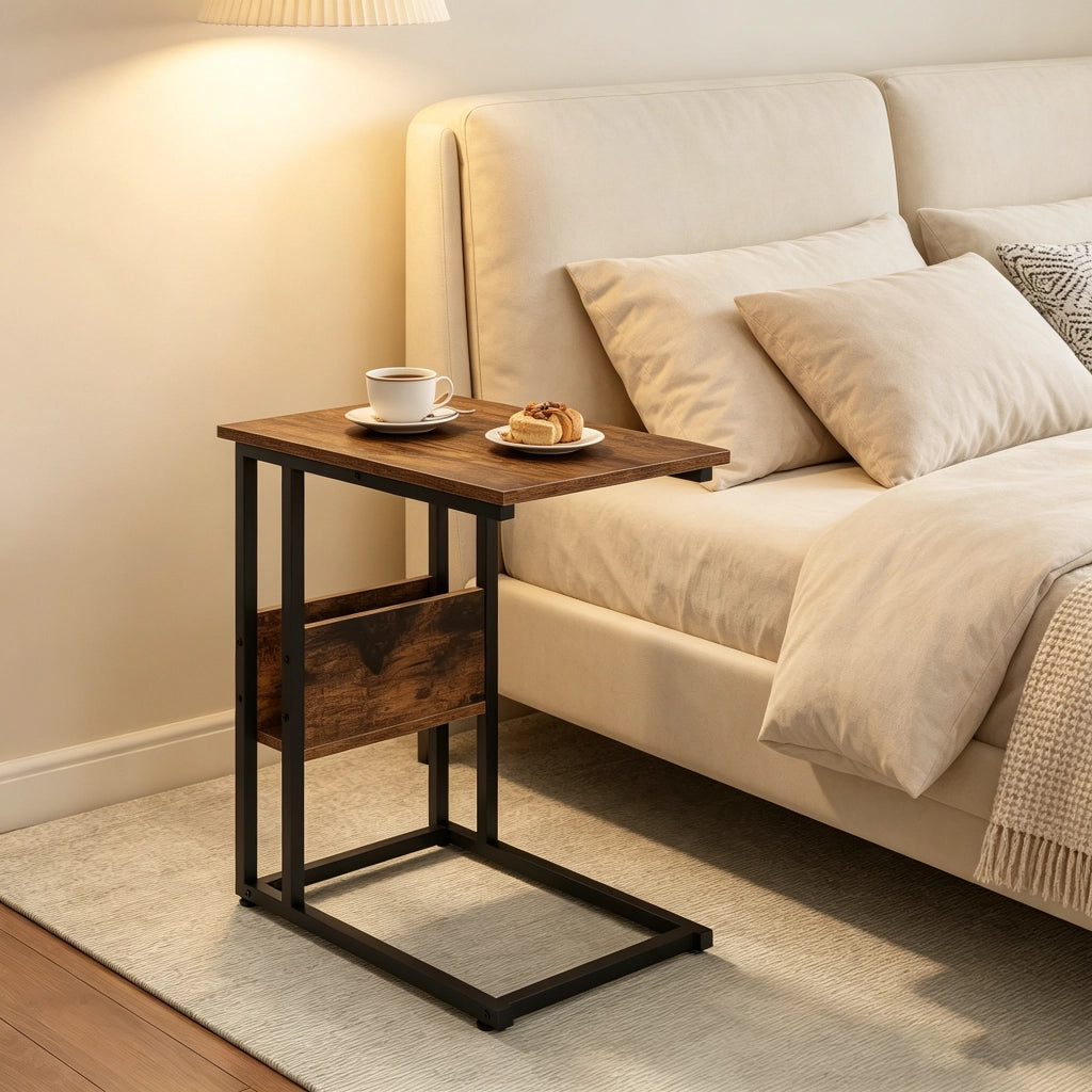 Tavolino basso fisso a C con ripiano laterale in legno e metallo marrone rustico per divano e letto 55 × 59,5 × 36 cm