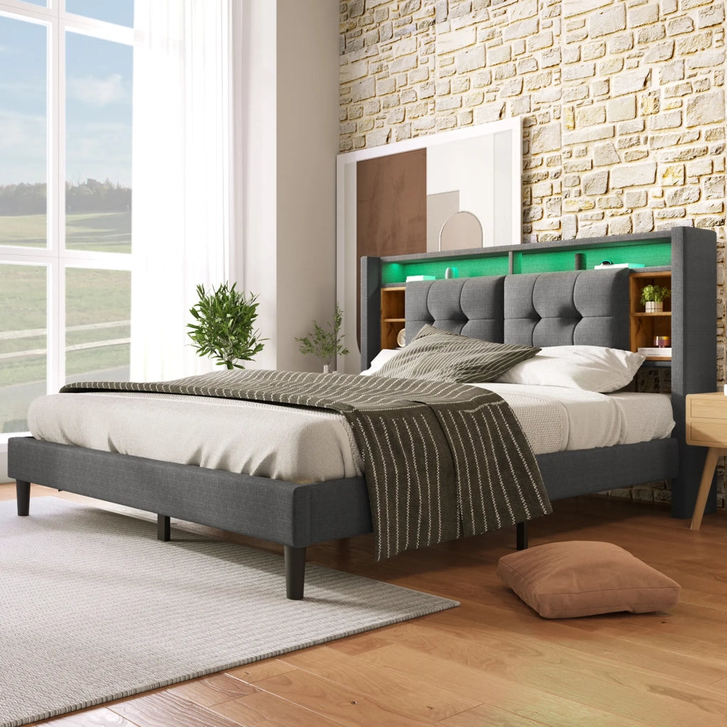 Letto matrimoniale imbottito 160x200 cm con LED; USB; presa; testiera contenitore e rete; grigio