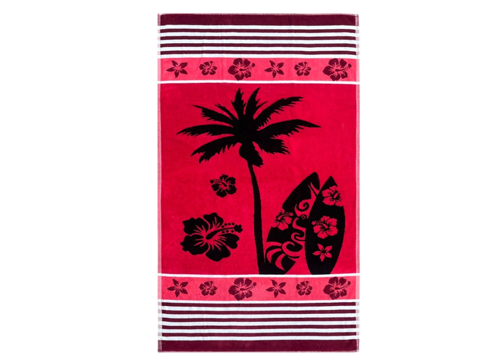 Telo Mare Jacquard Spugna Asciugamano Spiaggia Disegno Palm Beach - Telo Mare - Rosso D2