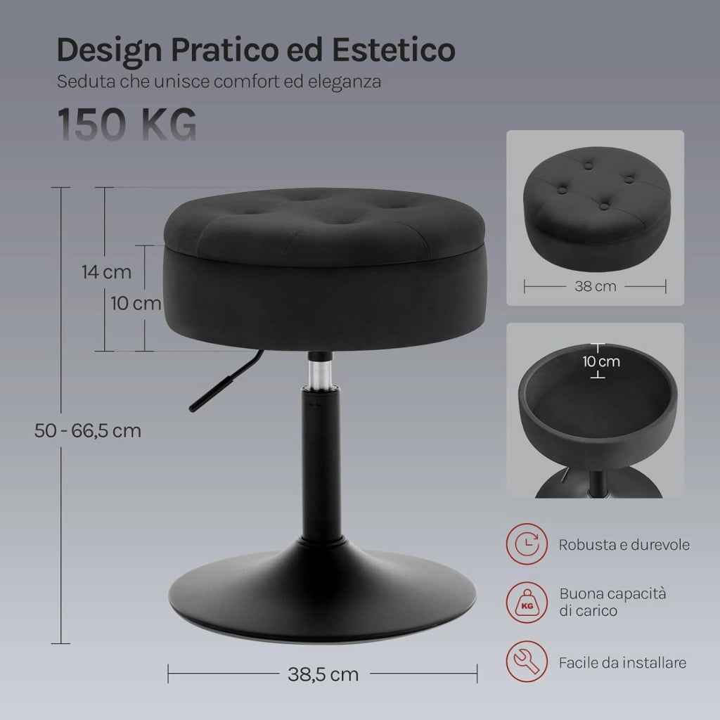 Set di 2 Sgabelli Piccolo da Bar in Velluto e Metallo, Sedia da Pranzo con Vano Portaoggetti, Sgabello Rotondo Girevole, Altezza Regolabile tra 49,5-65cm, Nero BH329sz-2
