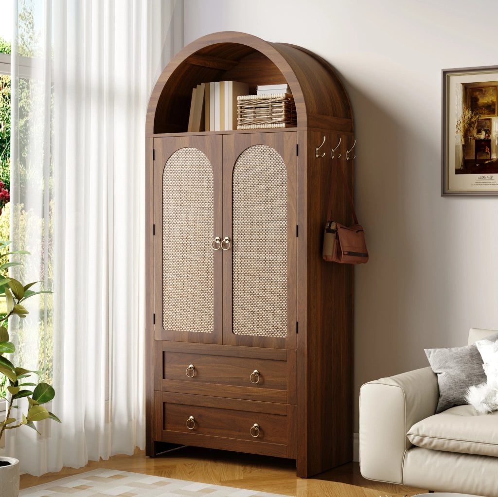 Credenza 80x40x180 cm con ripiani aperti e doppio cassetto in MDF noce